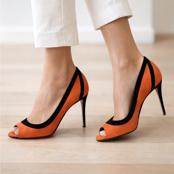 Gucci Shoes - Gucci Orange & Black Suede Peep Toe Heels – Size 39.5 (Made in Italy)